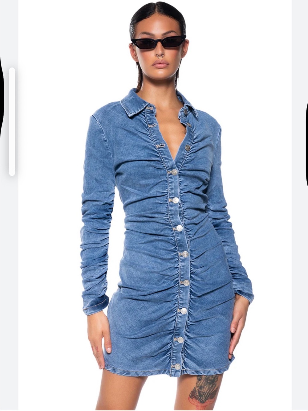 AKIRA Blue Ruched Long-Sleeve Denim Shirt Dress